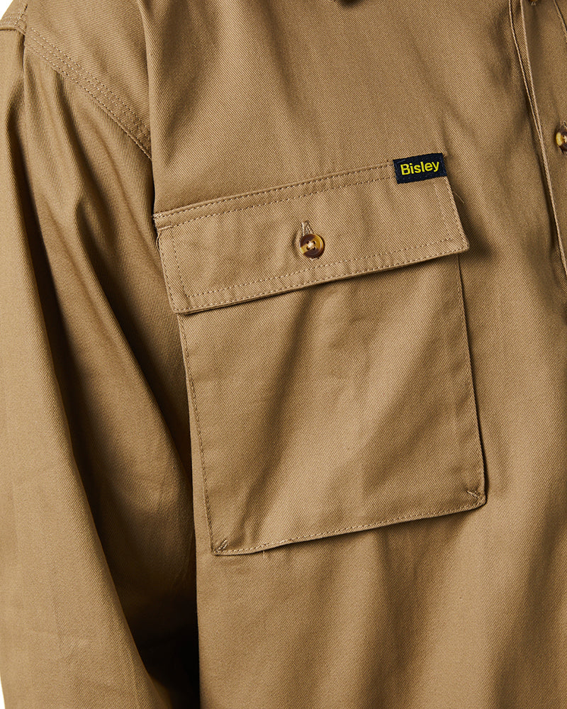 Closed Front Mens Cotton Drill LS Shirt - Khaki