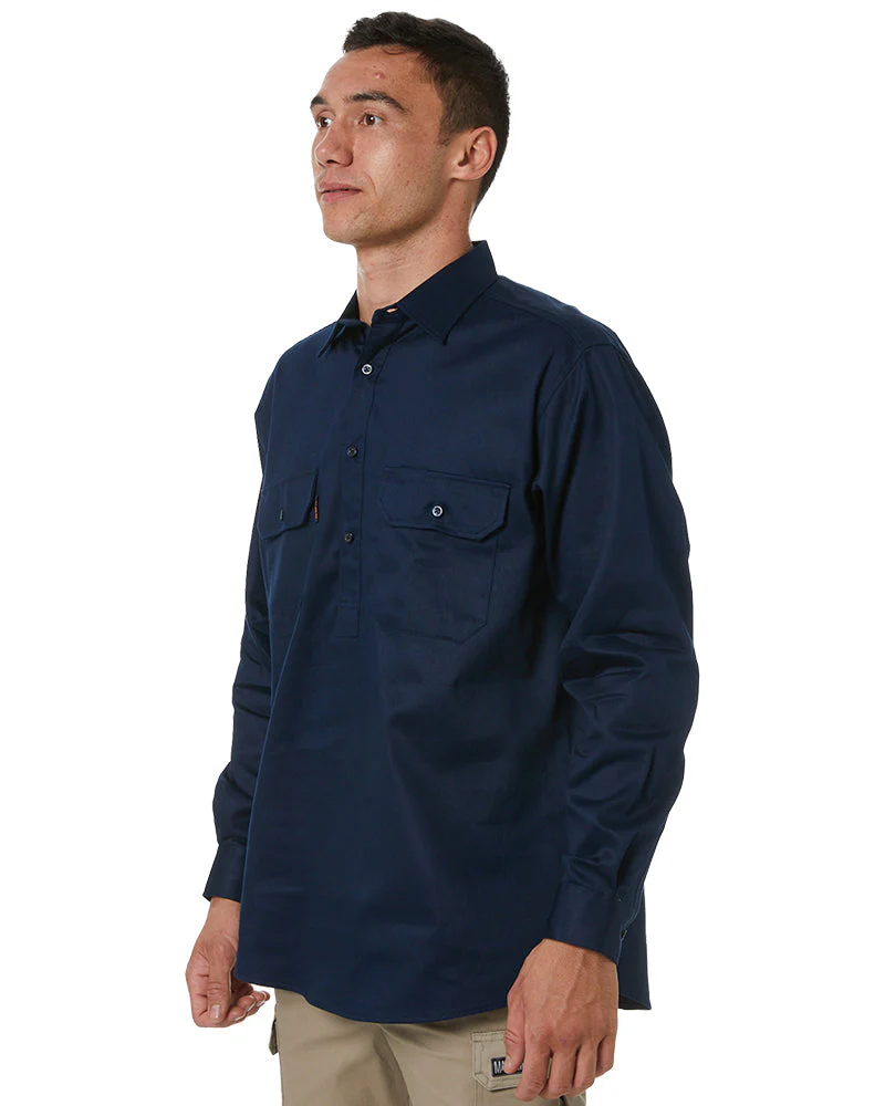 Closed Front Cotton Drill Shirt Long Sleeve - Navy