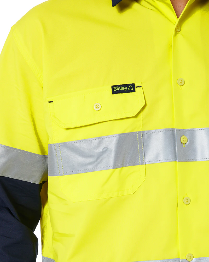 Hi Vis Recycled LS Drill Shirt - Yellow/Navy