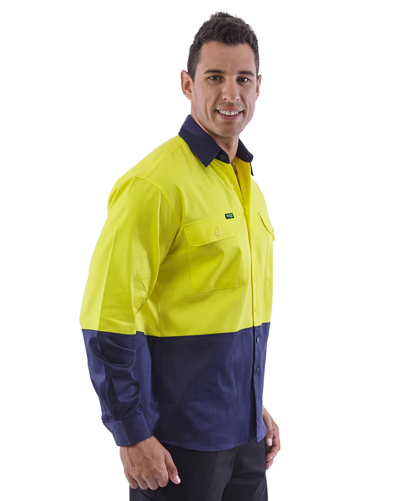 Hi Vis Cotton Drill Shirt LS (3 Pack) - Yellow/Navy