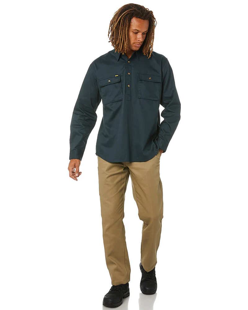 Closed Front Mens Cotton Drill LS Shirt - Green