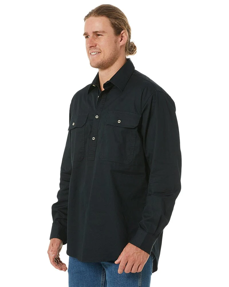 Closed Front Cotton Twill Shirt LS - Black