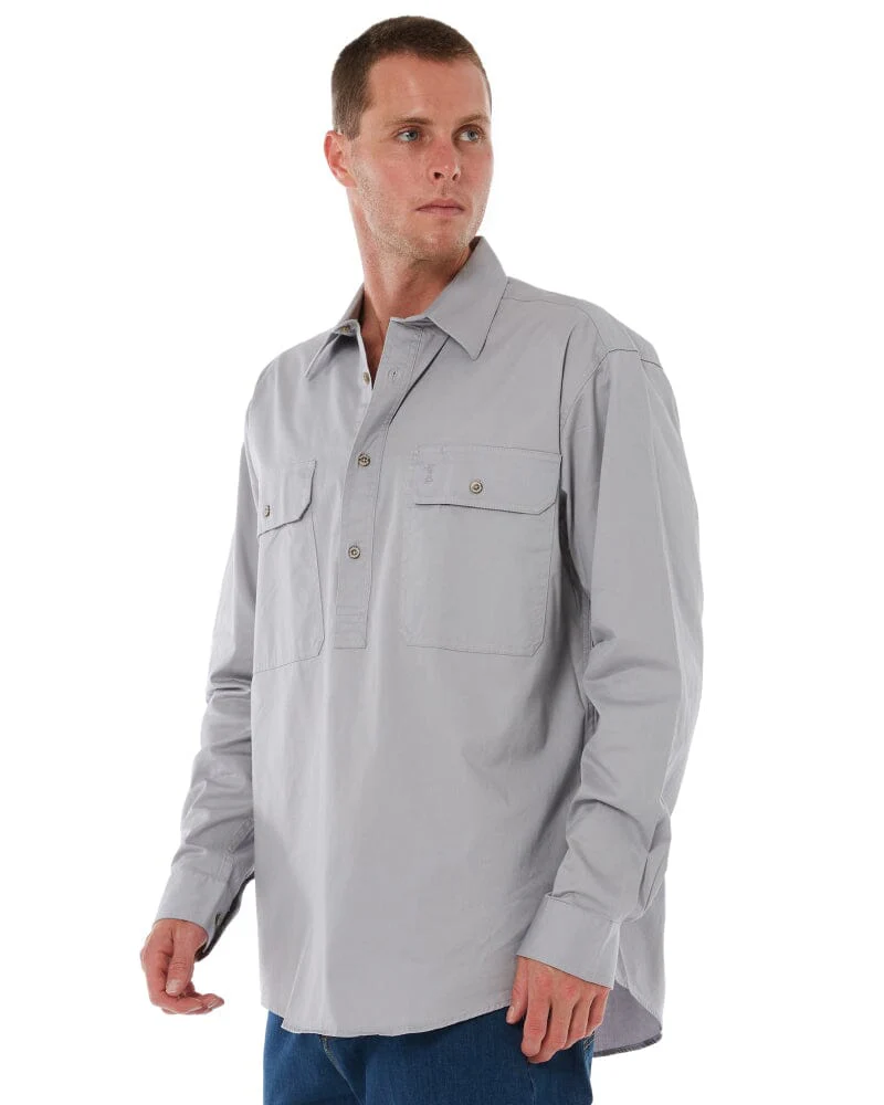 Closed Front Cotton Twill Shirt LS - Silver