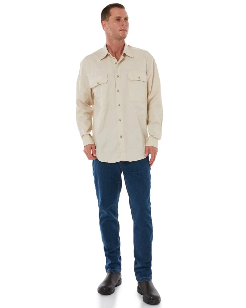 Open Front Cotton Twill LS Shirt - Stone