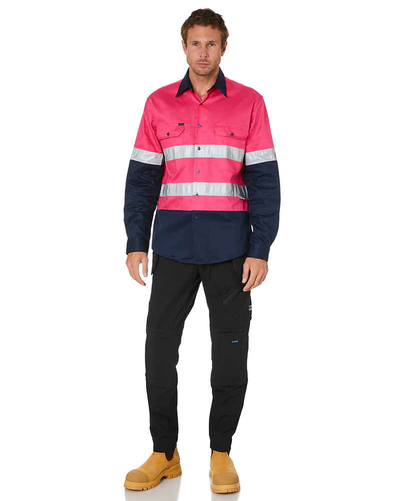 Hi Vis Taped Cotton Drill Shirt LS - Pink/Navy