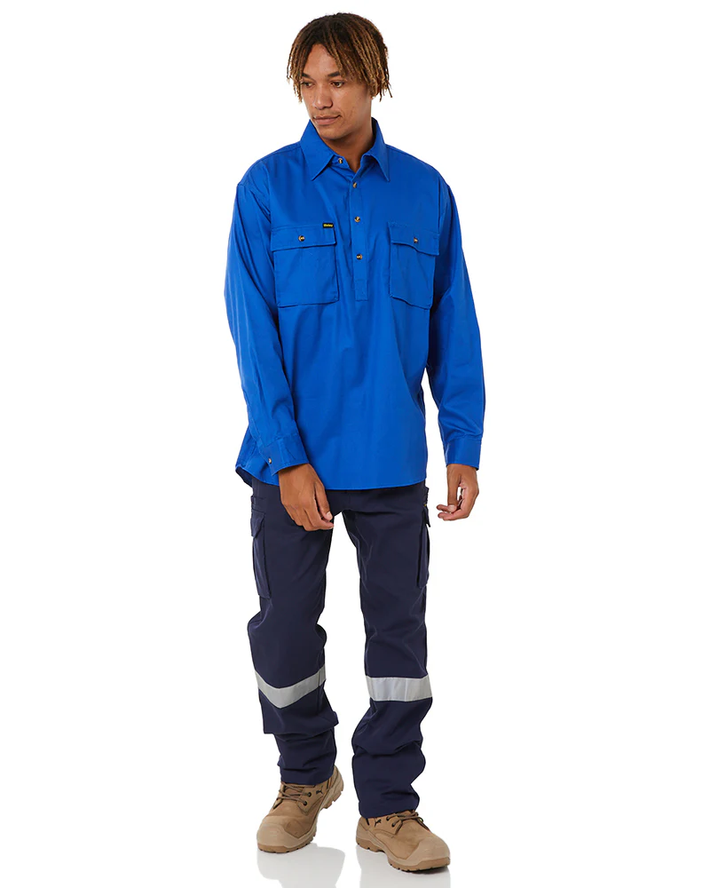 Closed Front Mens Cotton Drill LS Shirt - Royal