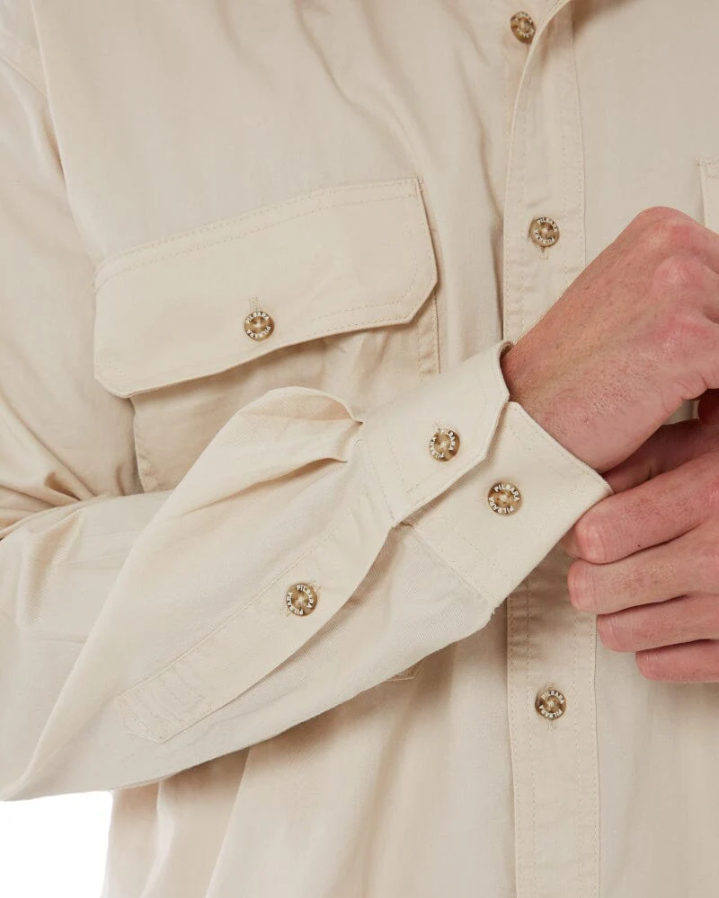 Open Front Cotton Twill LS Shirt - Stone