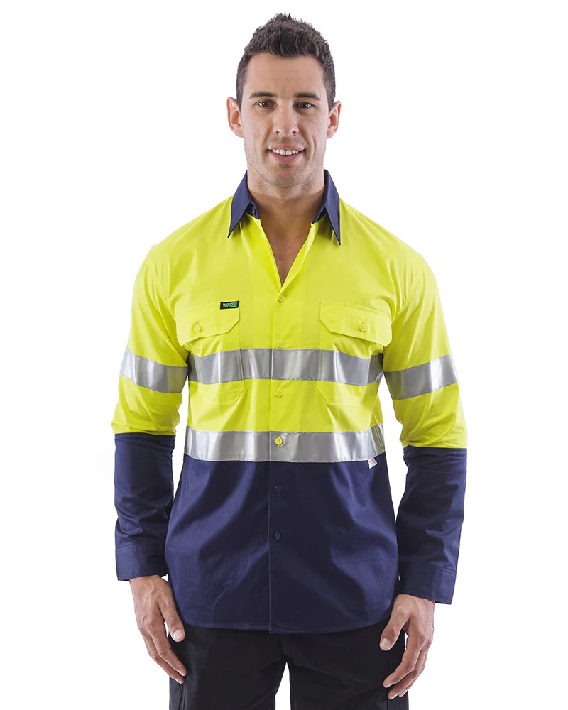 Hi Vis Taped Lightweight Cotton Shirt LS - Yellow/Navy
