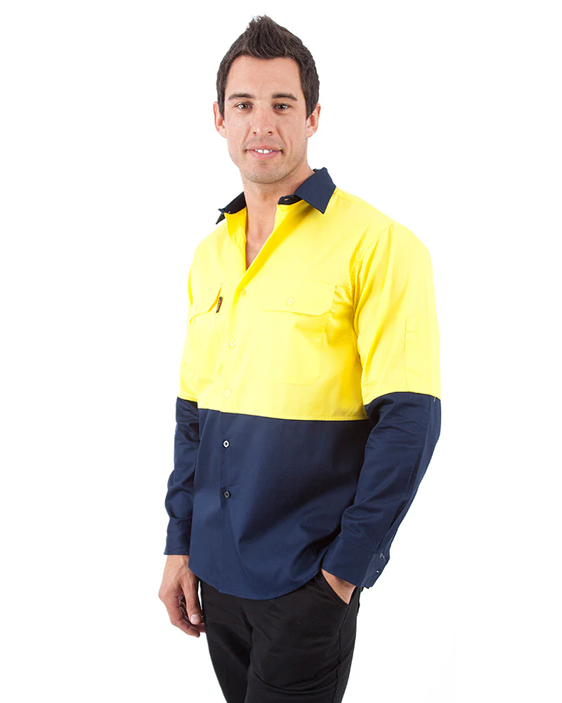 Hi Vis Cool Breeze Cotton Drill Shirt LS - Yellow/Navy