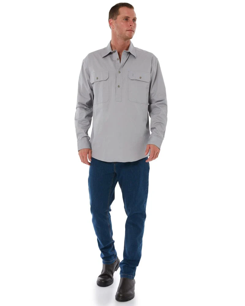 Closed Front Cotton Twill Shirt LS - Silver