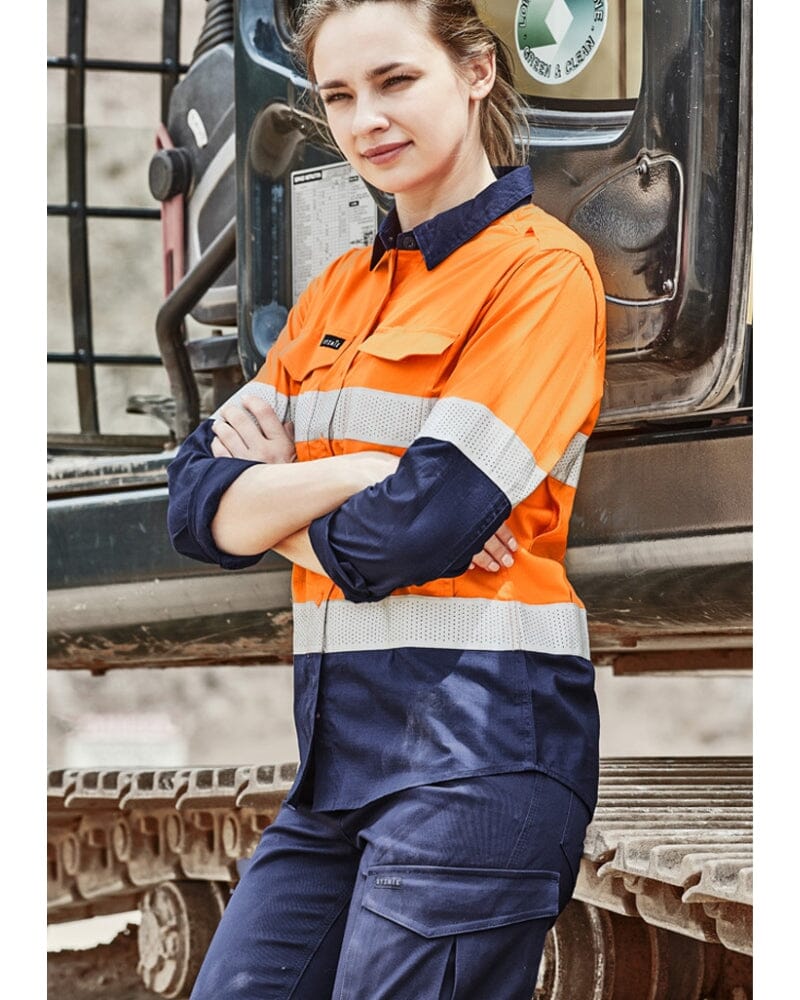 Womens Rugged Cooling Hi Vis Taped Long Sleeve Shirt - Orange/Navy