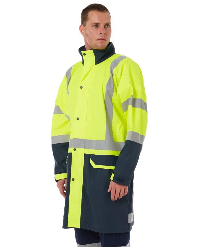 Taped Hi Vis Stretch PU Rain Coat - Yellow/Navy