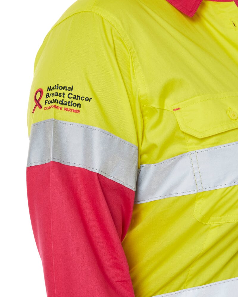 Womens Taped Hi Vis Cool Lightweight LS Drill Shirt - Yellow/Pink