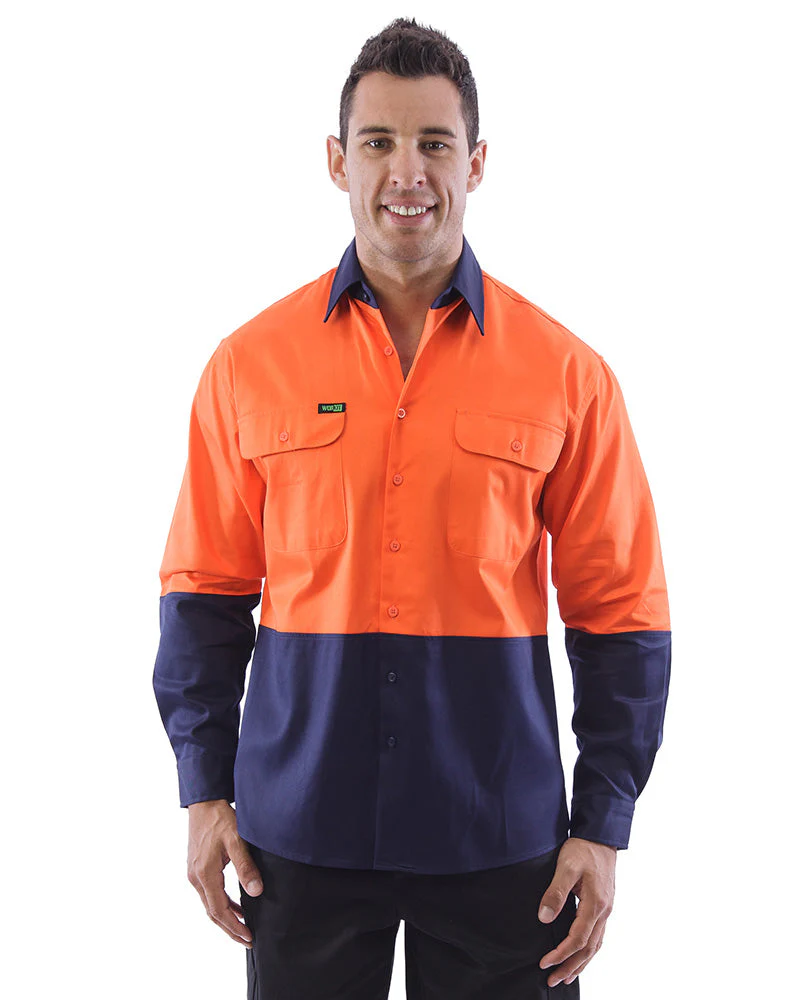 Hi Vis Cotton Drill Shirt LS (3 Pack) - Orange/Navy