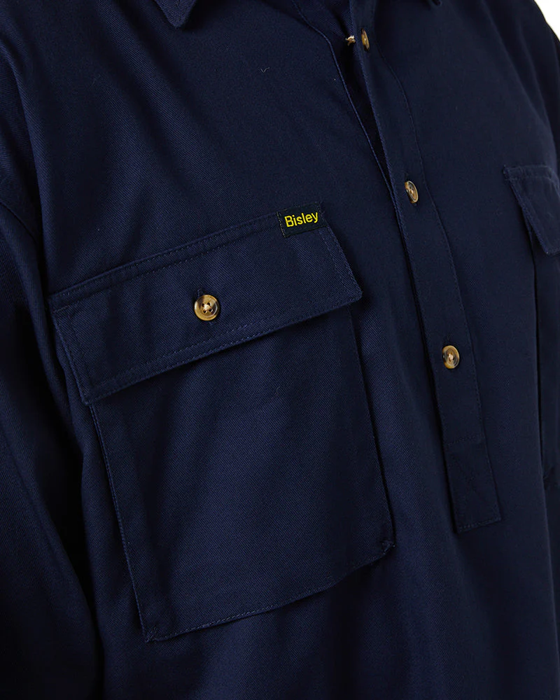 Closed Front Mens Cotton Drill LS Shirt - Navy