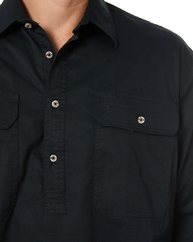 Closed Front Cotton Twill Shirt LS - Black
