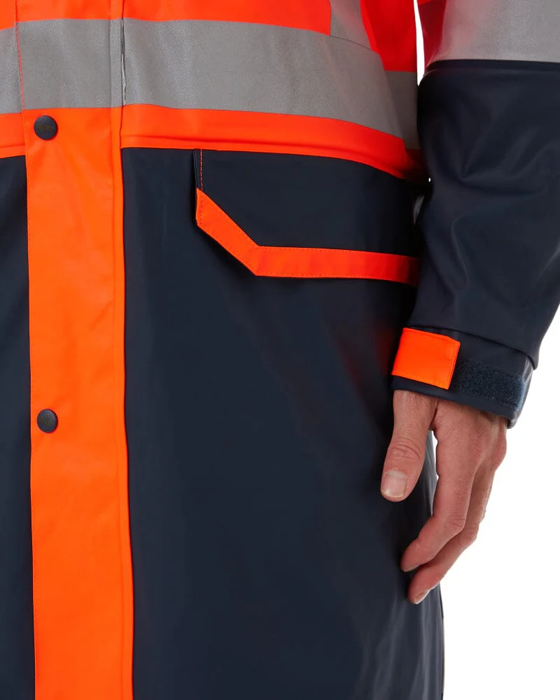 Taped Hi Vis Stretch PU Rain Coat - Orange/Navy