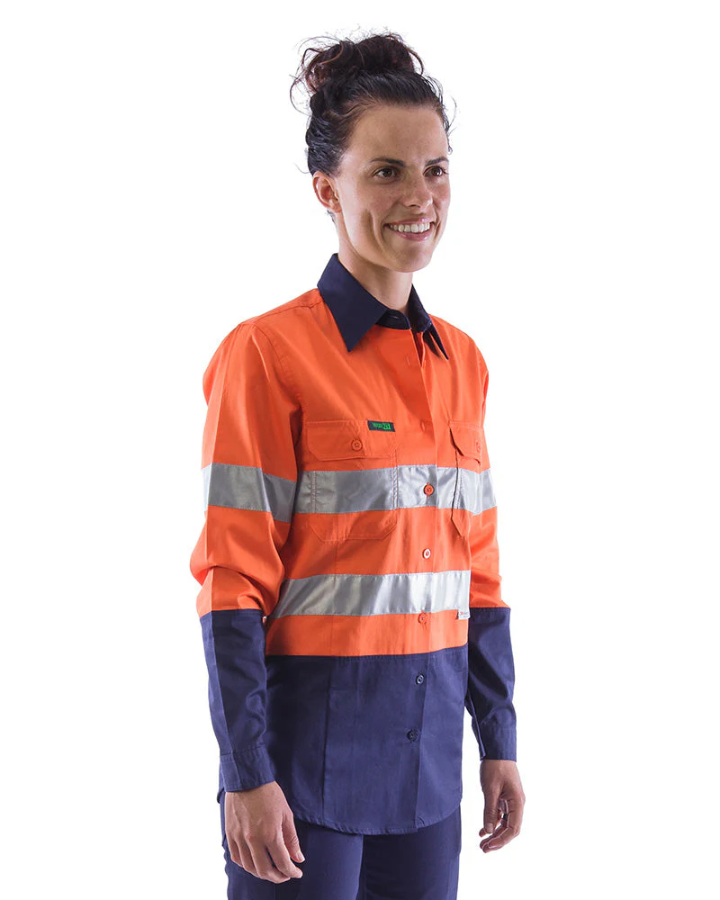 Womens L/S Hi Vis Lightweight Taped Cotton Shirt (3 Pack) - Orange/Navy