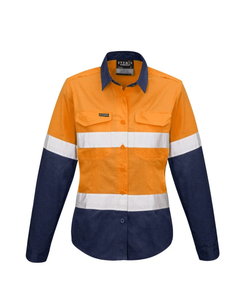 Womens Rugged Cooling Hi Vis Taped Long Sleeve Shirt - Orange/Navy