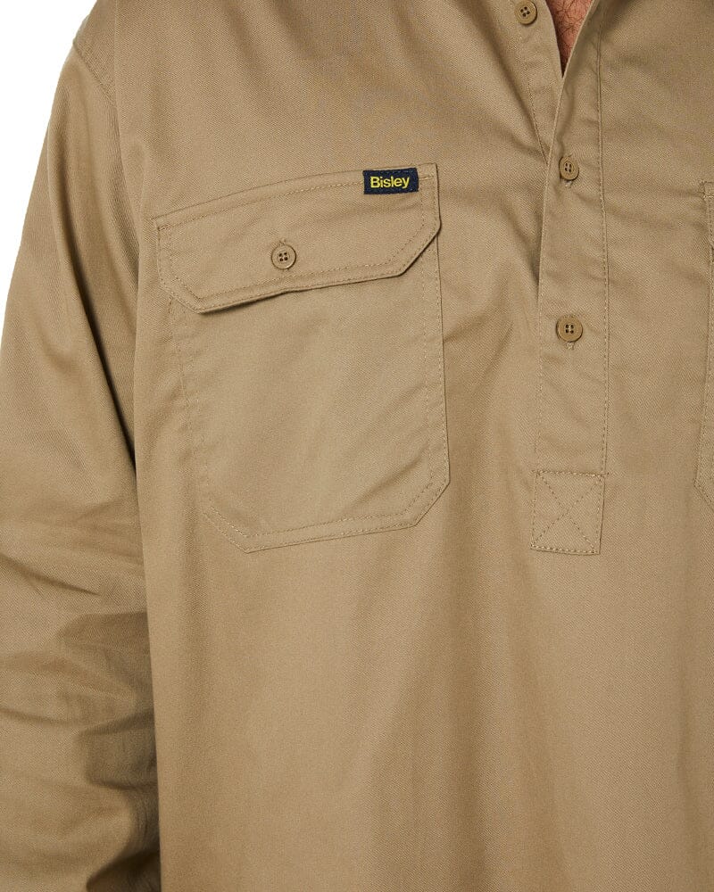Closed Front Mens Lightweight LS Drill Shirt - Khaki