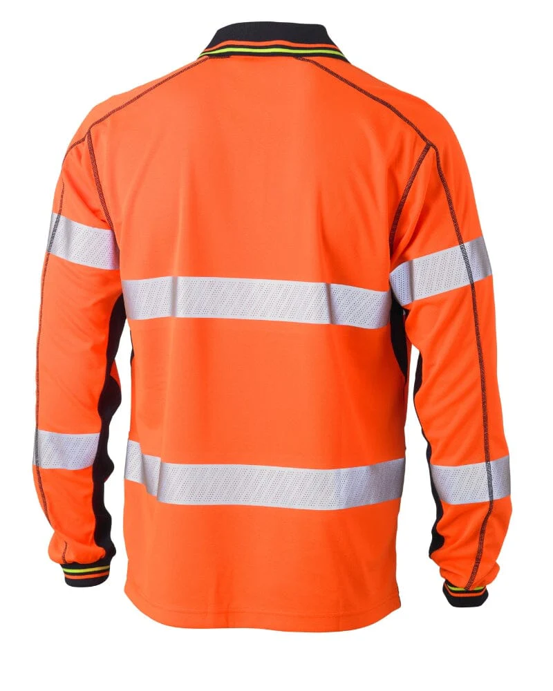 Taped Hi Vis Polyester Mesh Long Sleeve Polo - Orange/Navy
