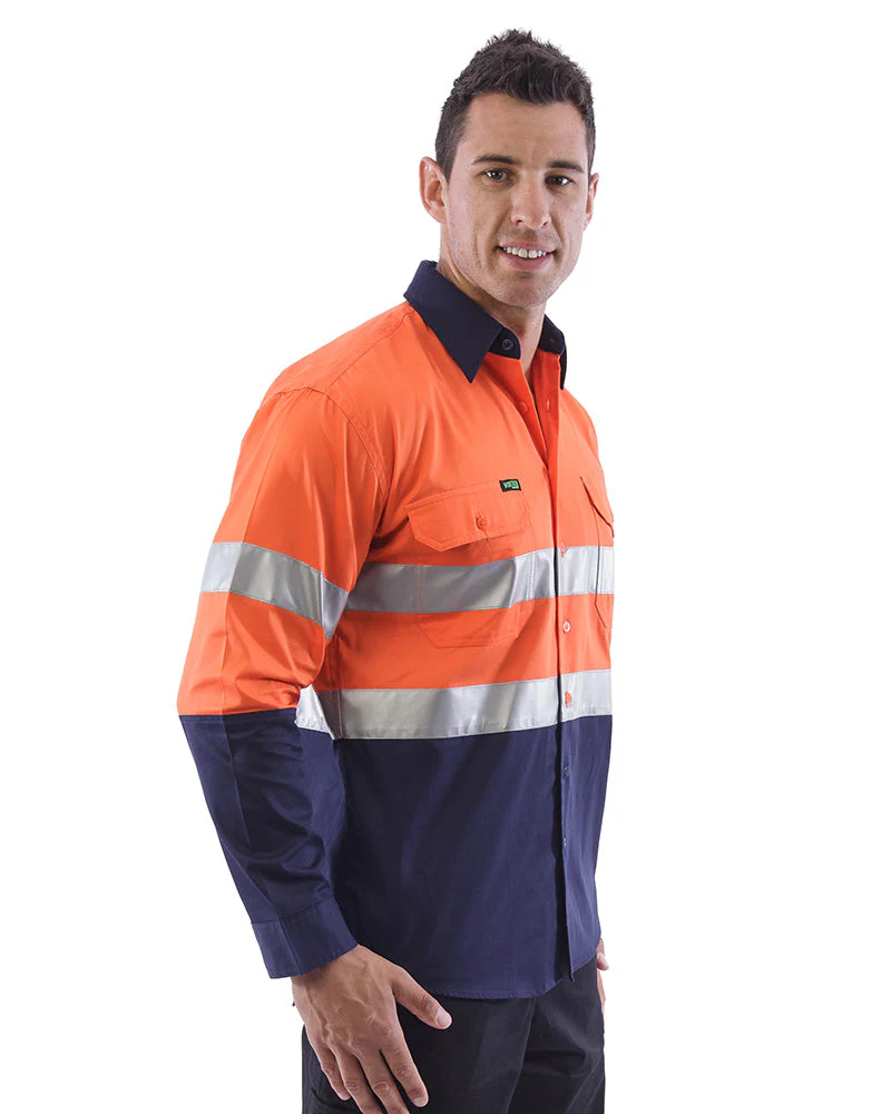 Hi Vis Taped Lightweight Cotton Shirt LS - Orange/Navy
