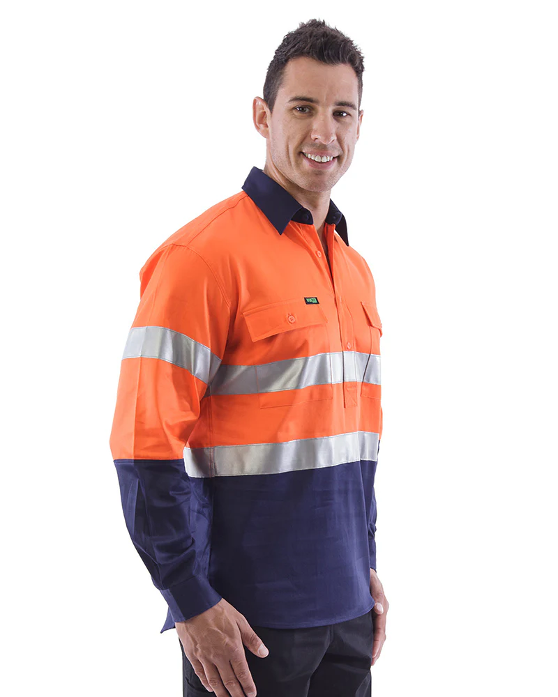 Hi Vis Taped Closed Front Cotton Drill Shirt LS (3 Pack) - Orange/Navy