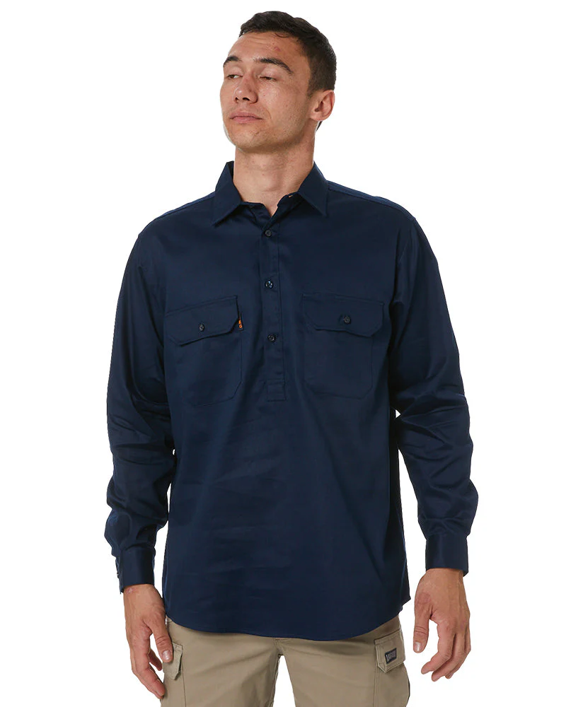 Closed Front Cotton Drill Shirt Long Sleeve - Navy