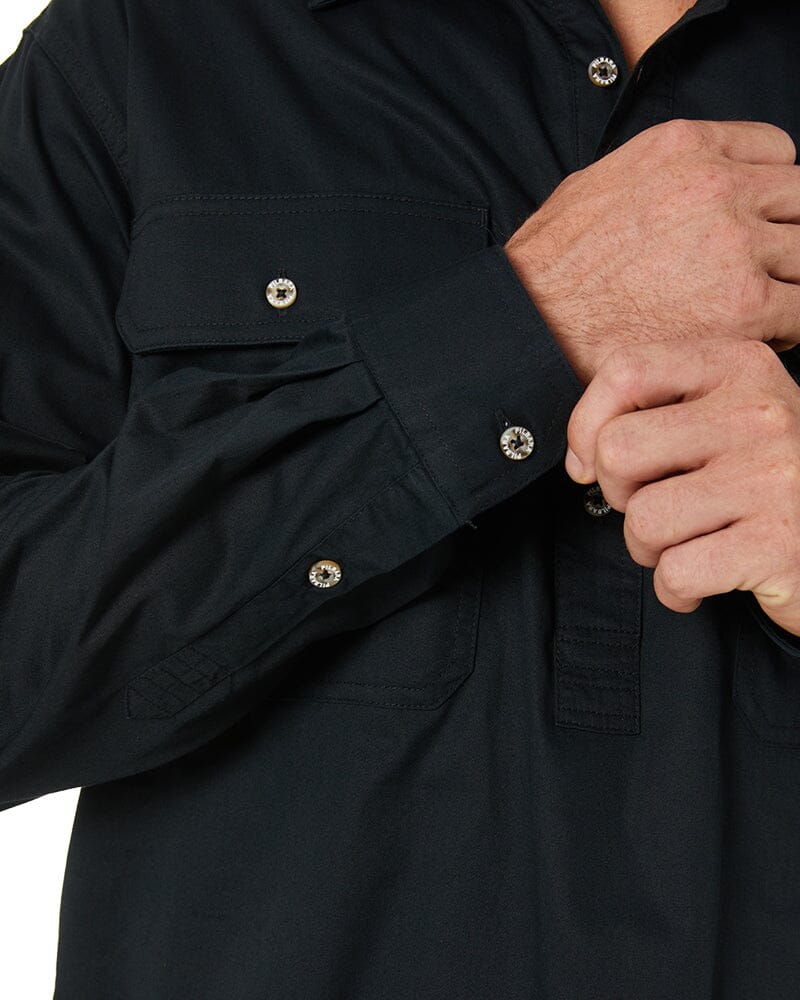 Closed Front Cotton Twill Shirt LS - Black