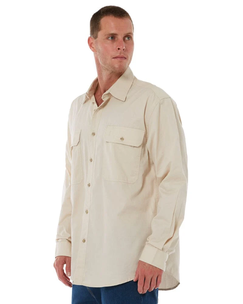 Open Front Cotton Twill LS Shirt - Stone