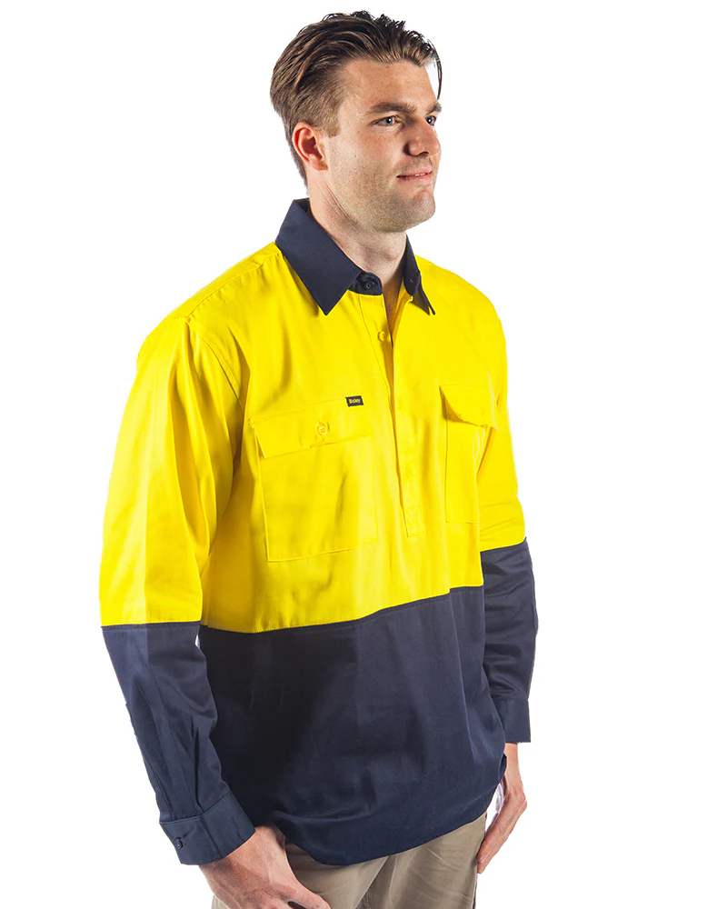 Hi Vis Closed Front LS Shirt - Yellow/Navy
