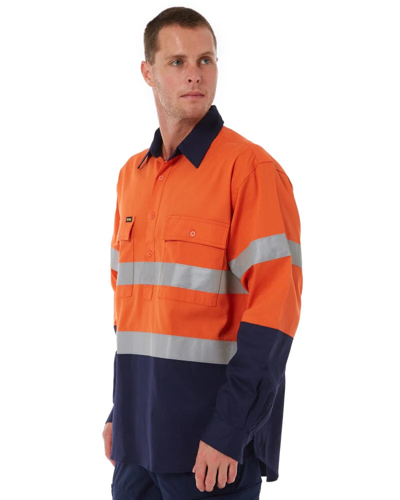 Taped Hi Vis Closed Front LS Drill Shirt * - Orange/Navy