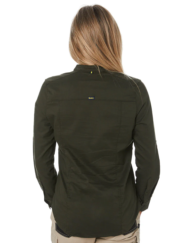 Womens Stretch V-Neck Closed Front Shirt - Olive