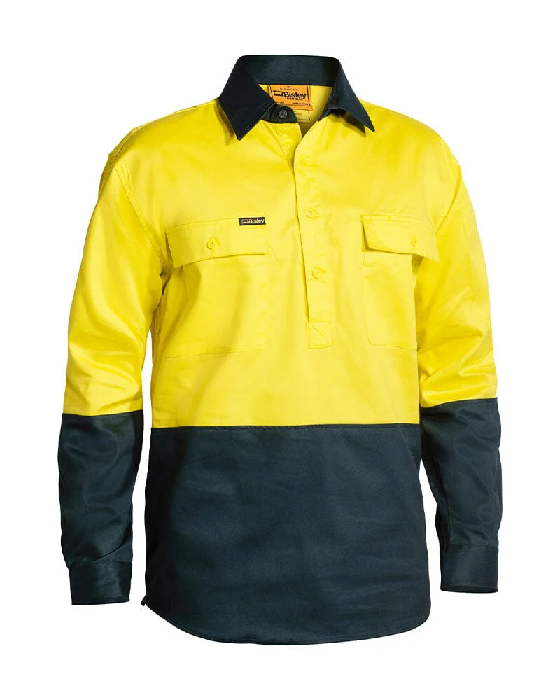 Hi Vis Closed Front LS Shirt - Yellow/Bottle