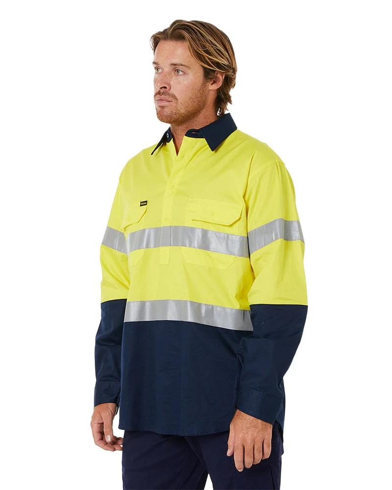 Taped Hi Vis Closed Front Lightweight LS Shirt - Yellow/Navy