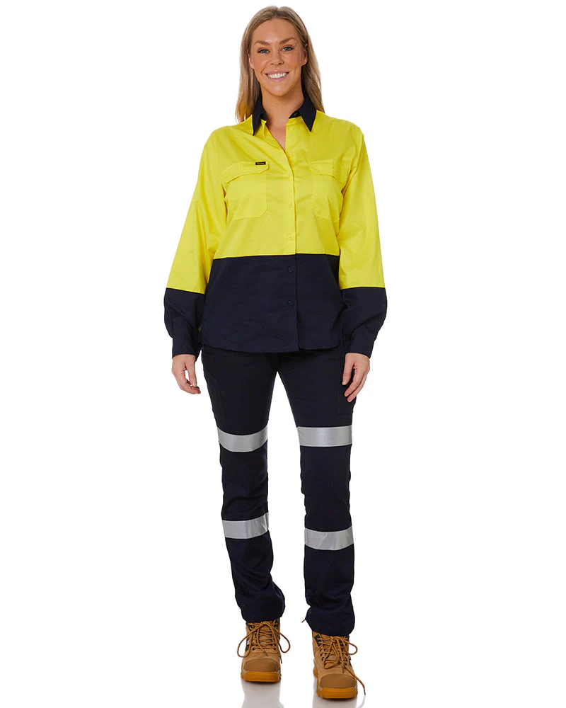 Womens Hi Vis Cool Lightweight LS Drill Shirt - Yellow/Navy