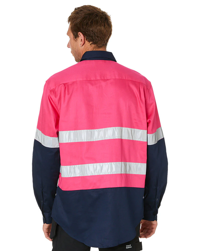 Hi Vis Taped Cotton Drill Shirt LS - Pink/Navy