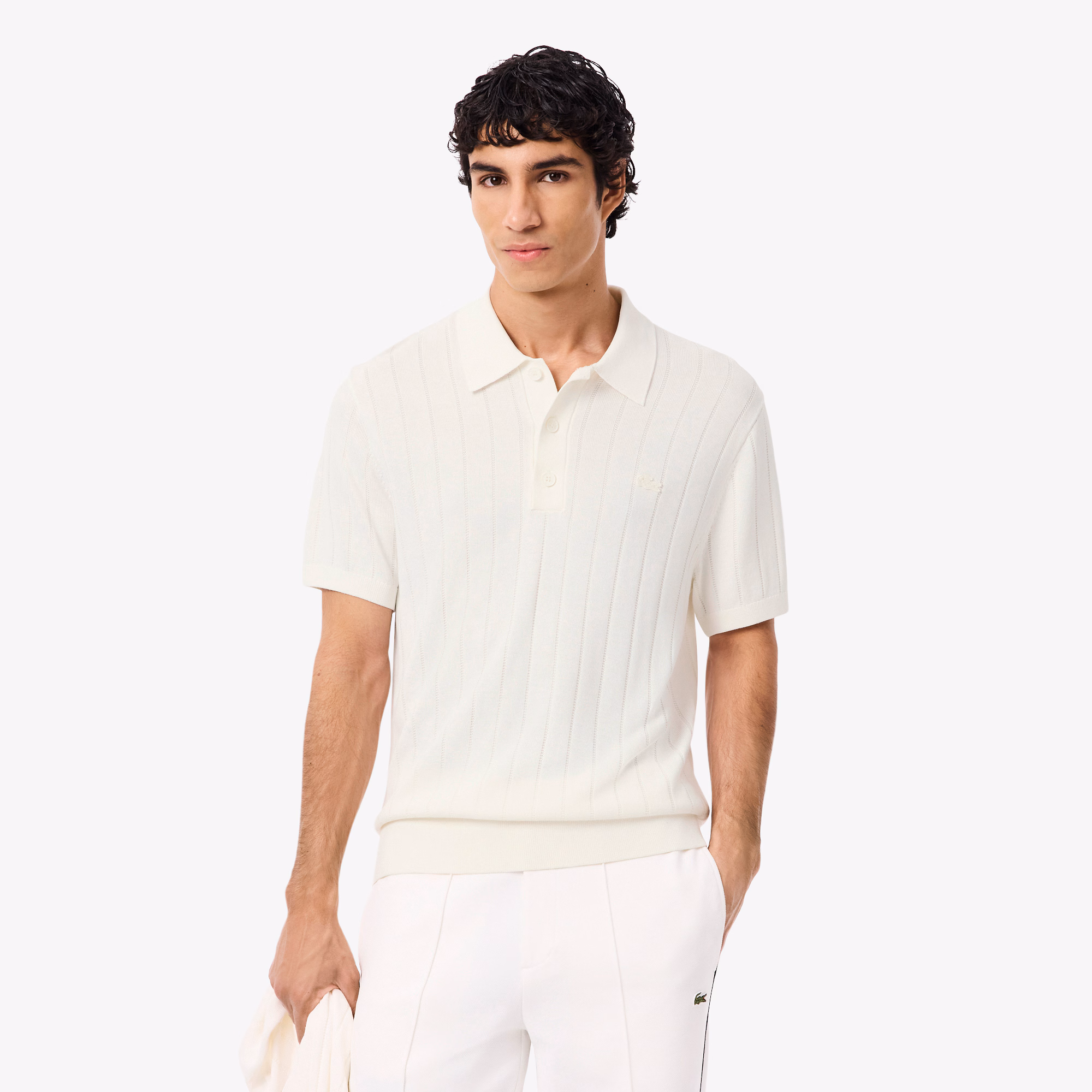 Men's Fluid Ribbed Knit Polo Collar Sweater