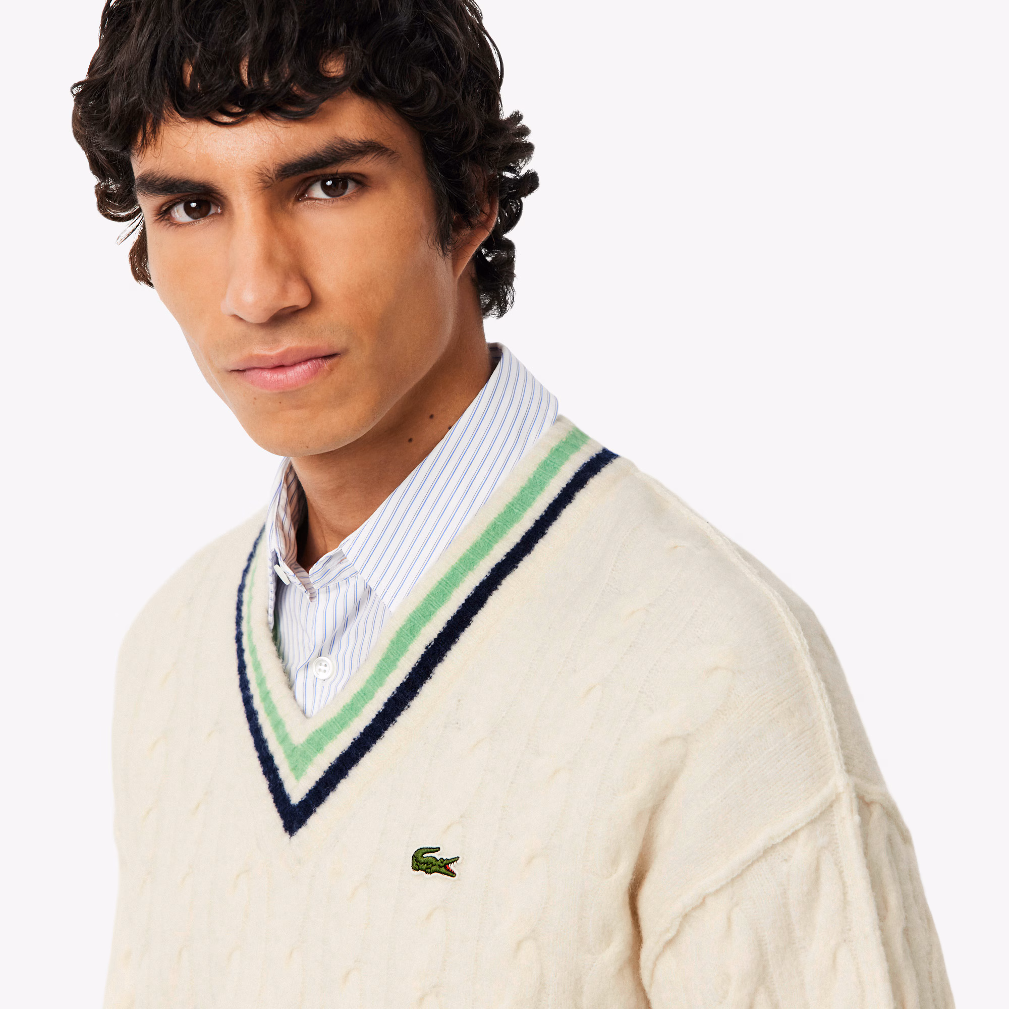 Men's V-Neck Cable Knit Wool Sweater