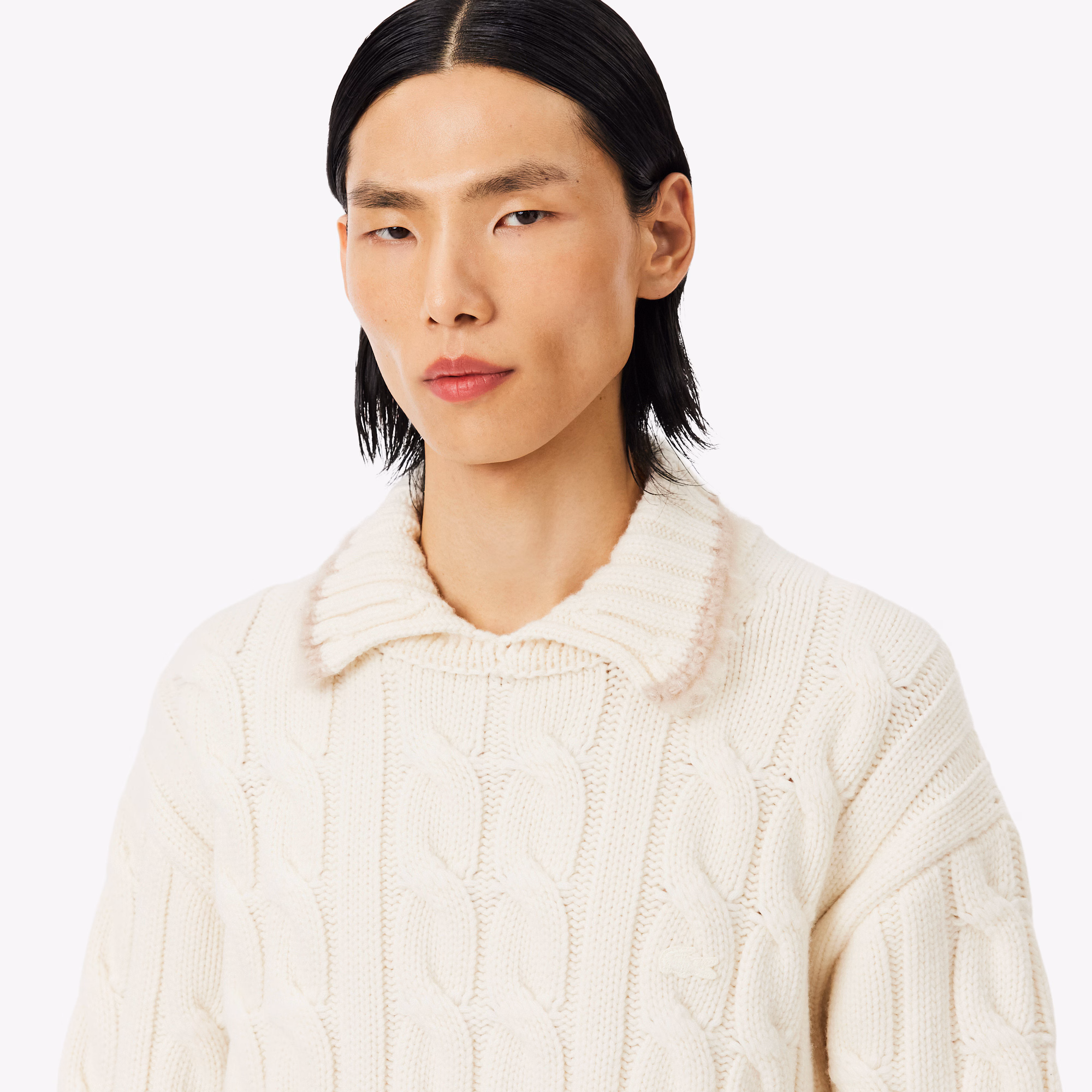 Runway Wool Polo Collar Cable Knit Sweater