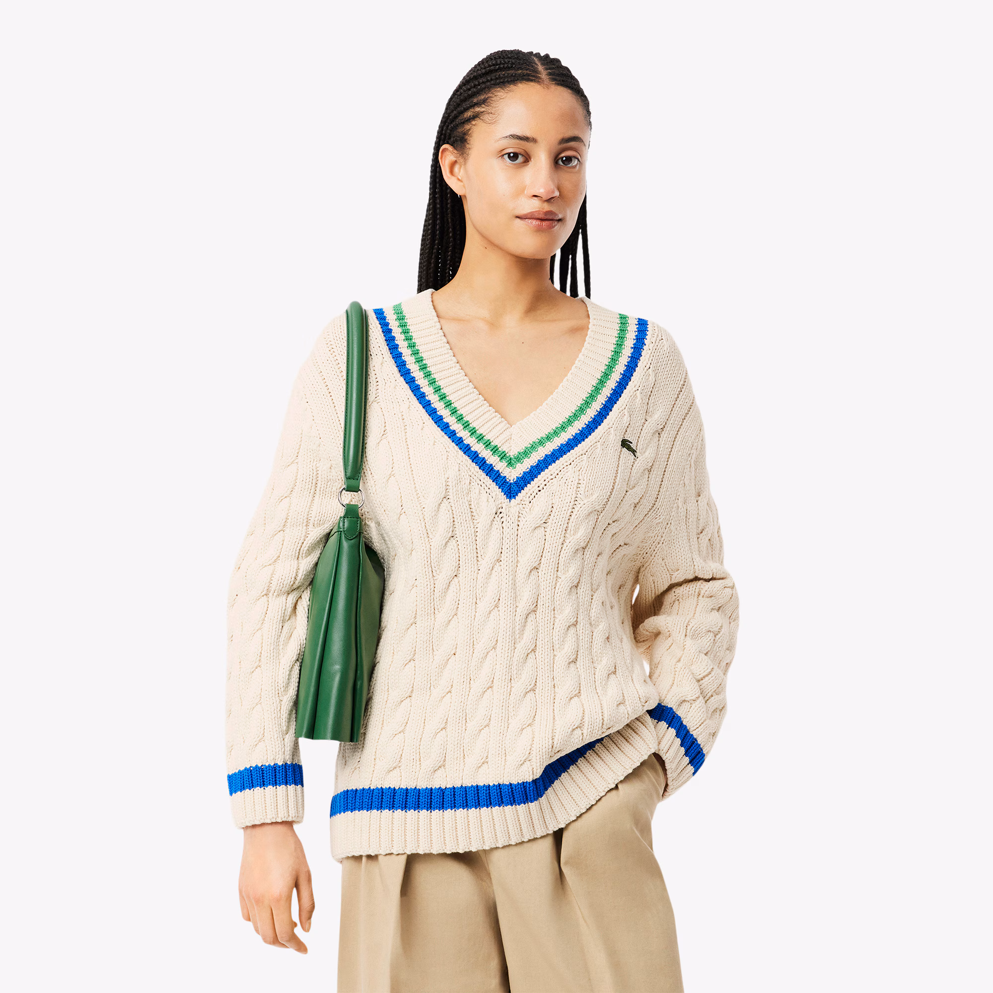 Women's V-Neck Cable Knit Cotton Tennis Sweater