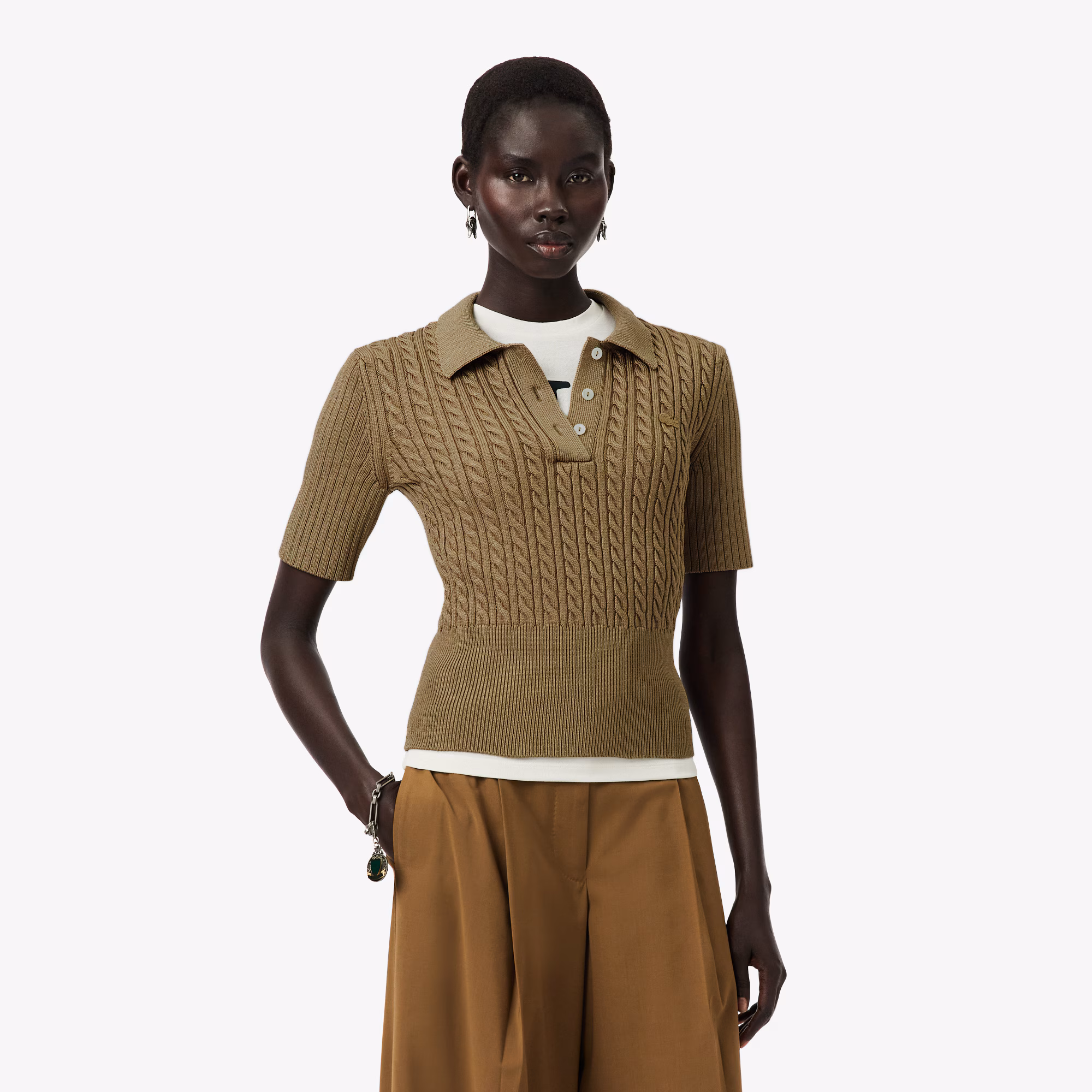 Runway Cable Knit Polo Collar Sweater