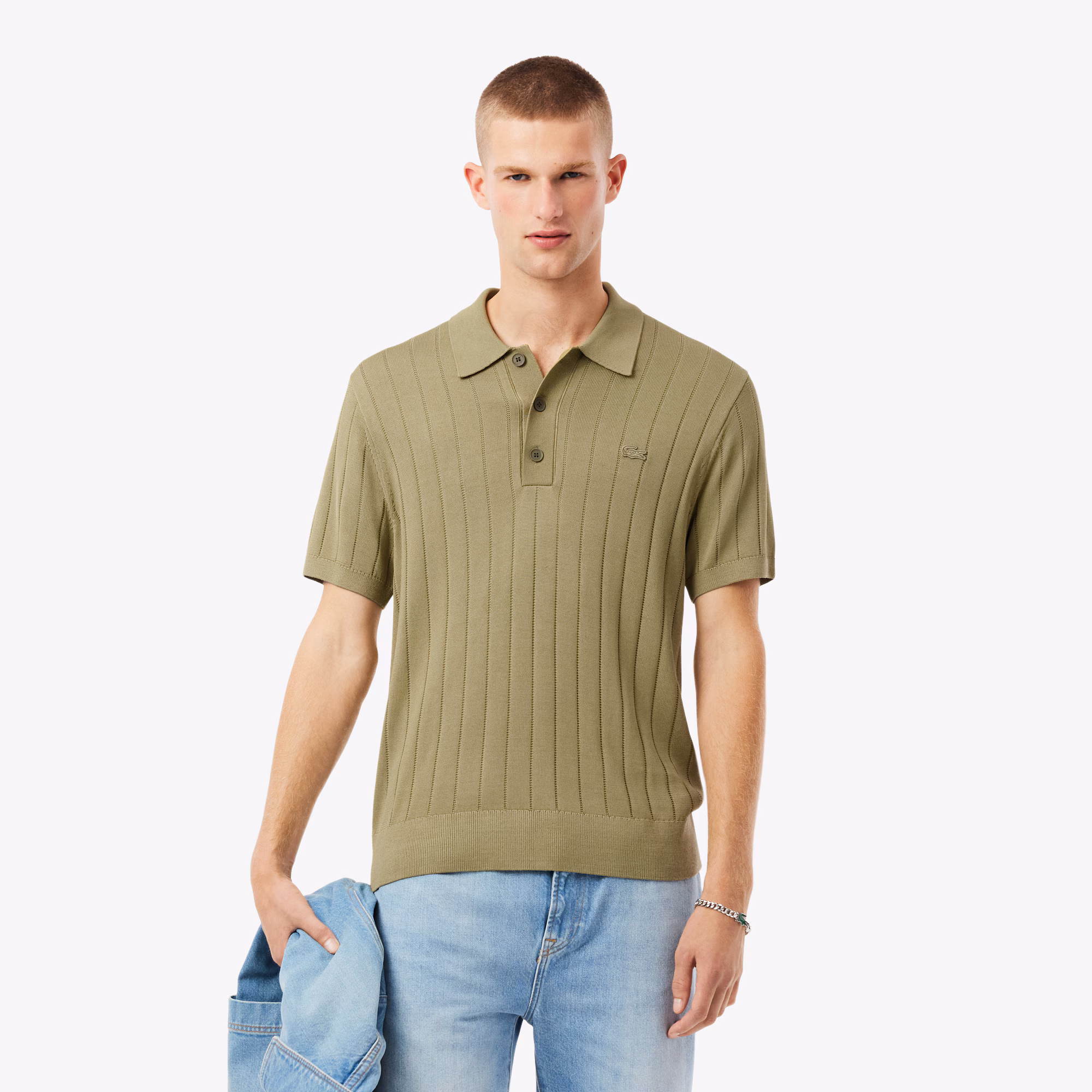 Men's Fluid Ribbed Knit Polo Collar Sweater