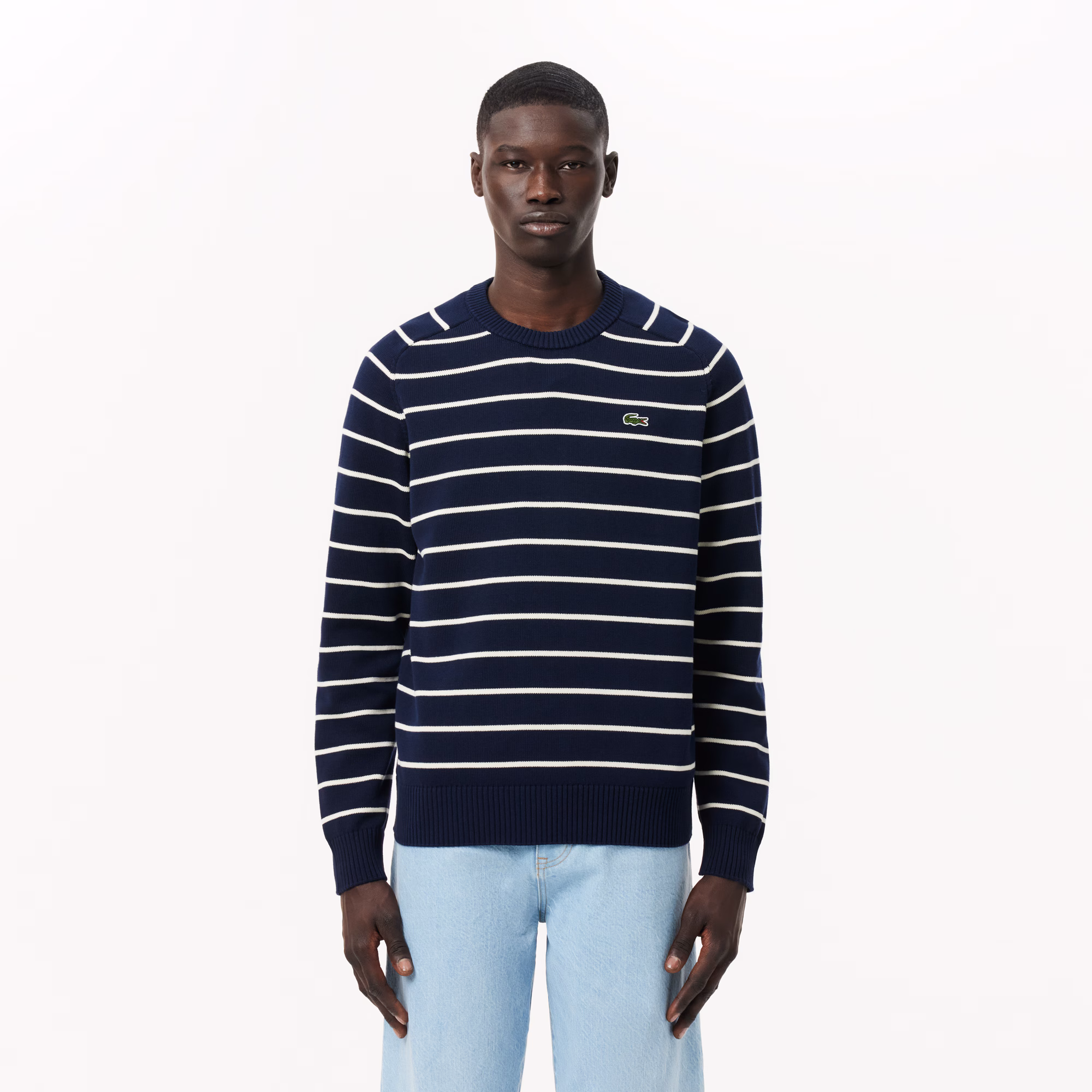 Men's Striped 3D Knit Cotton Crew Neck Sweater