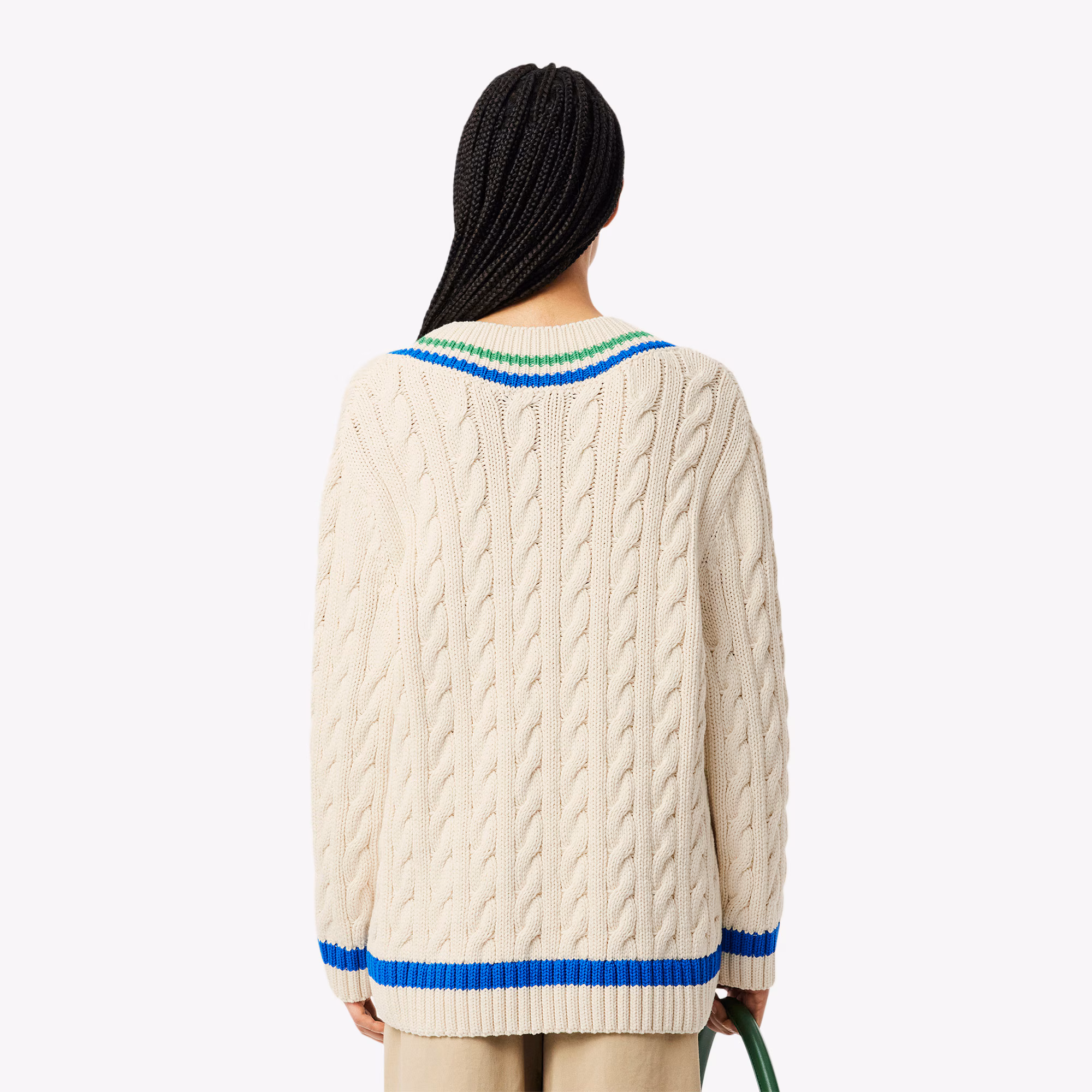 Women's V-Neck Cable Knit Cotton Tennis Sweater