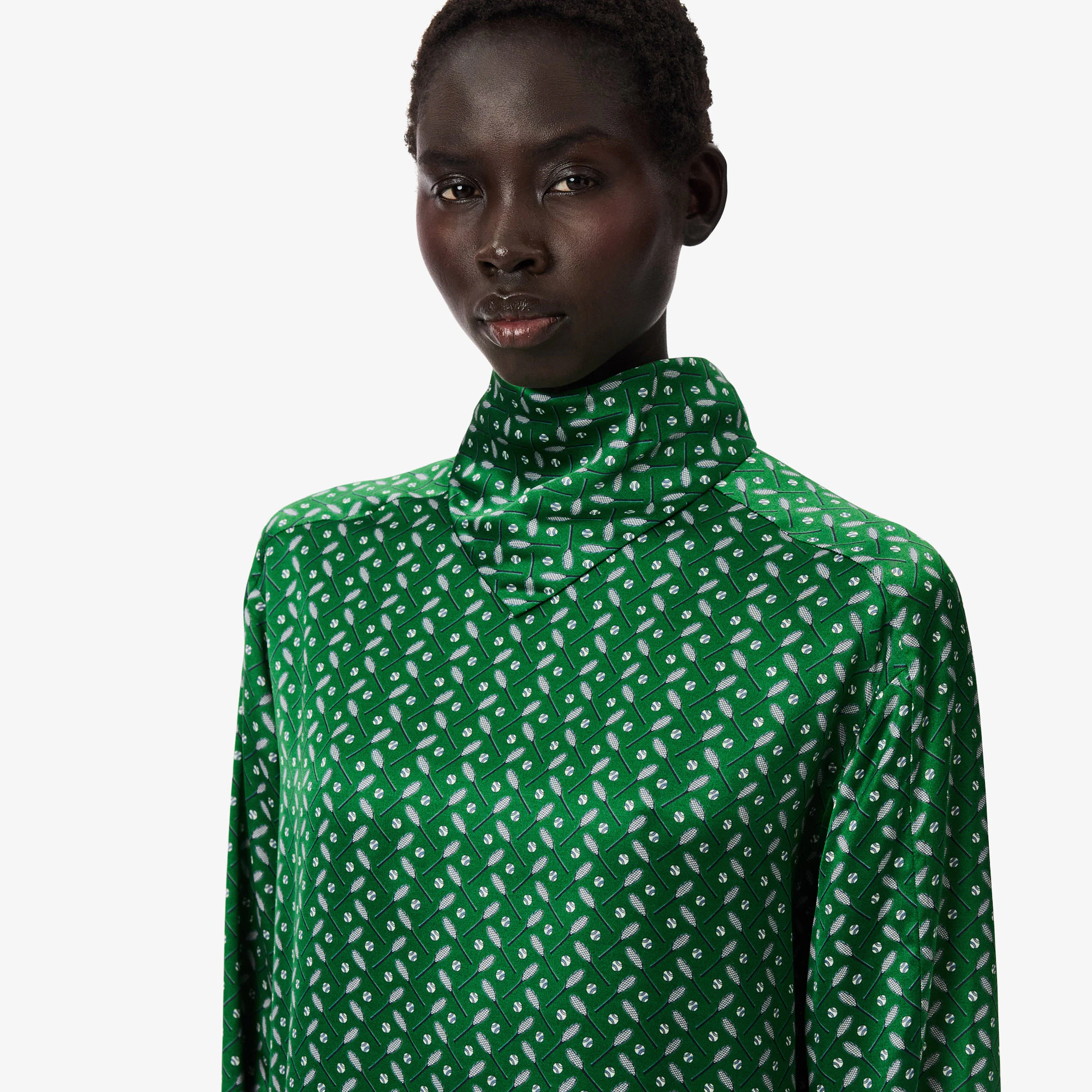 Runway Printed Satin Scarf Neck Dress