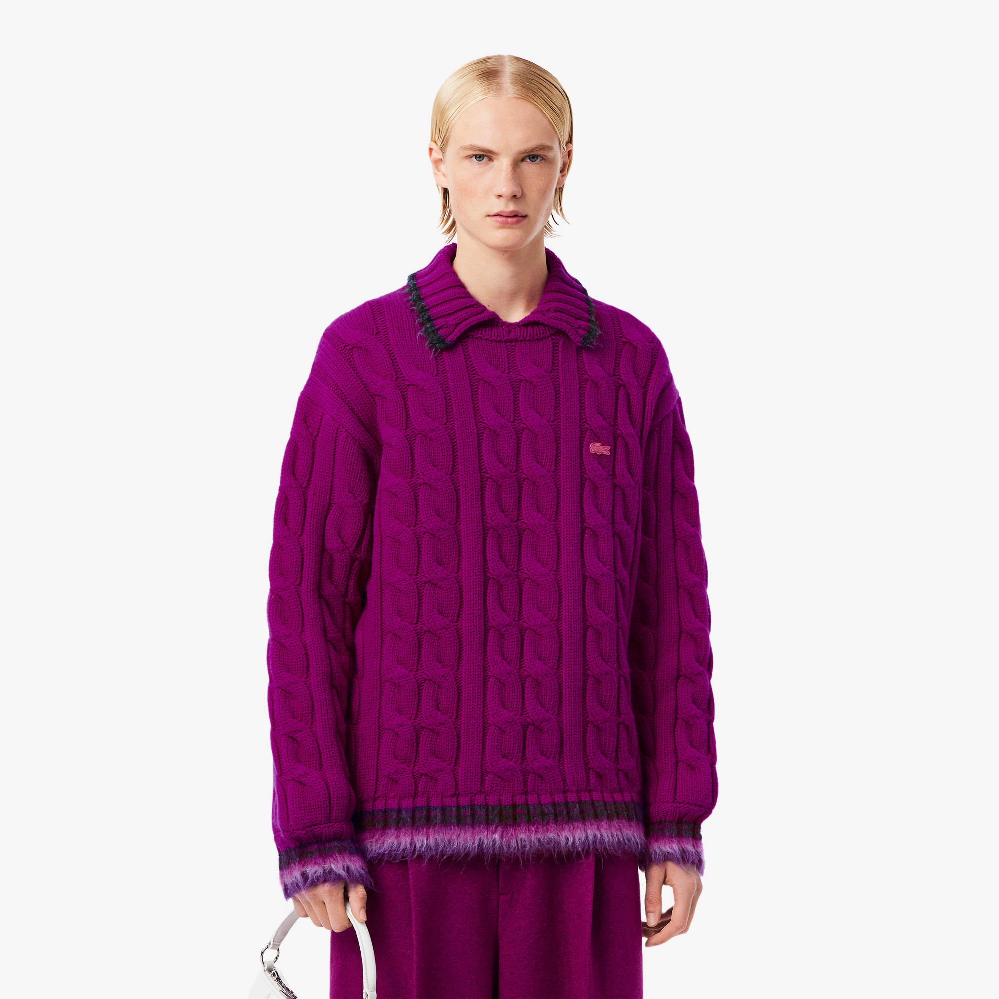 Runway Wool Polo Collar Cable Knit Sweater