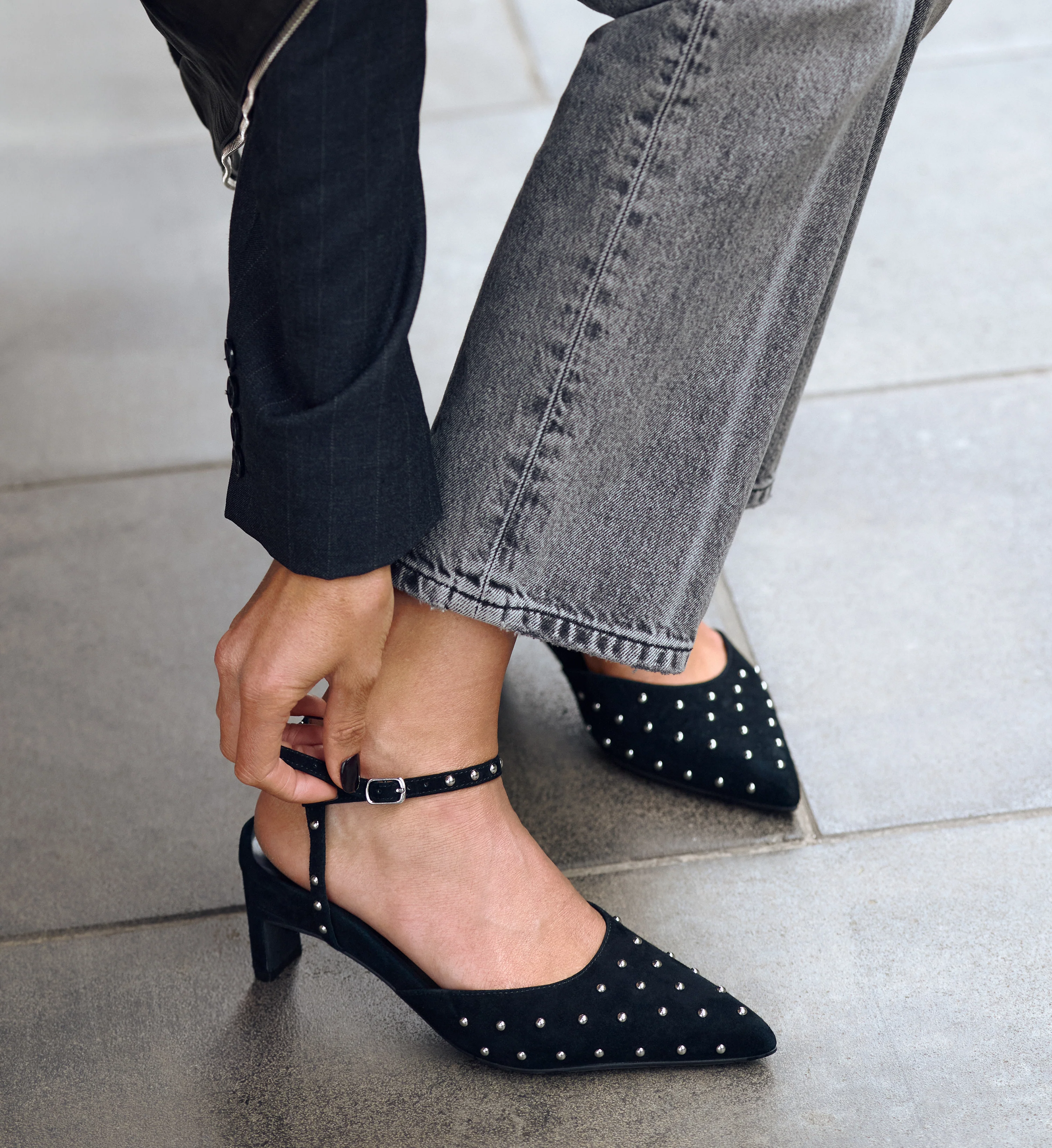 Cygnini Black Suede & Hardware Low Heels