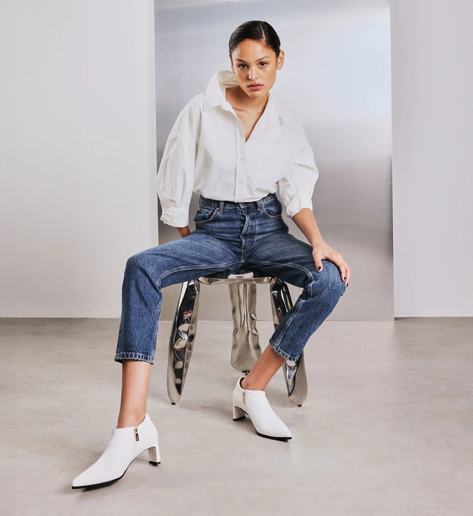 Habia White Leather Flat Boots