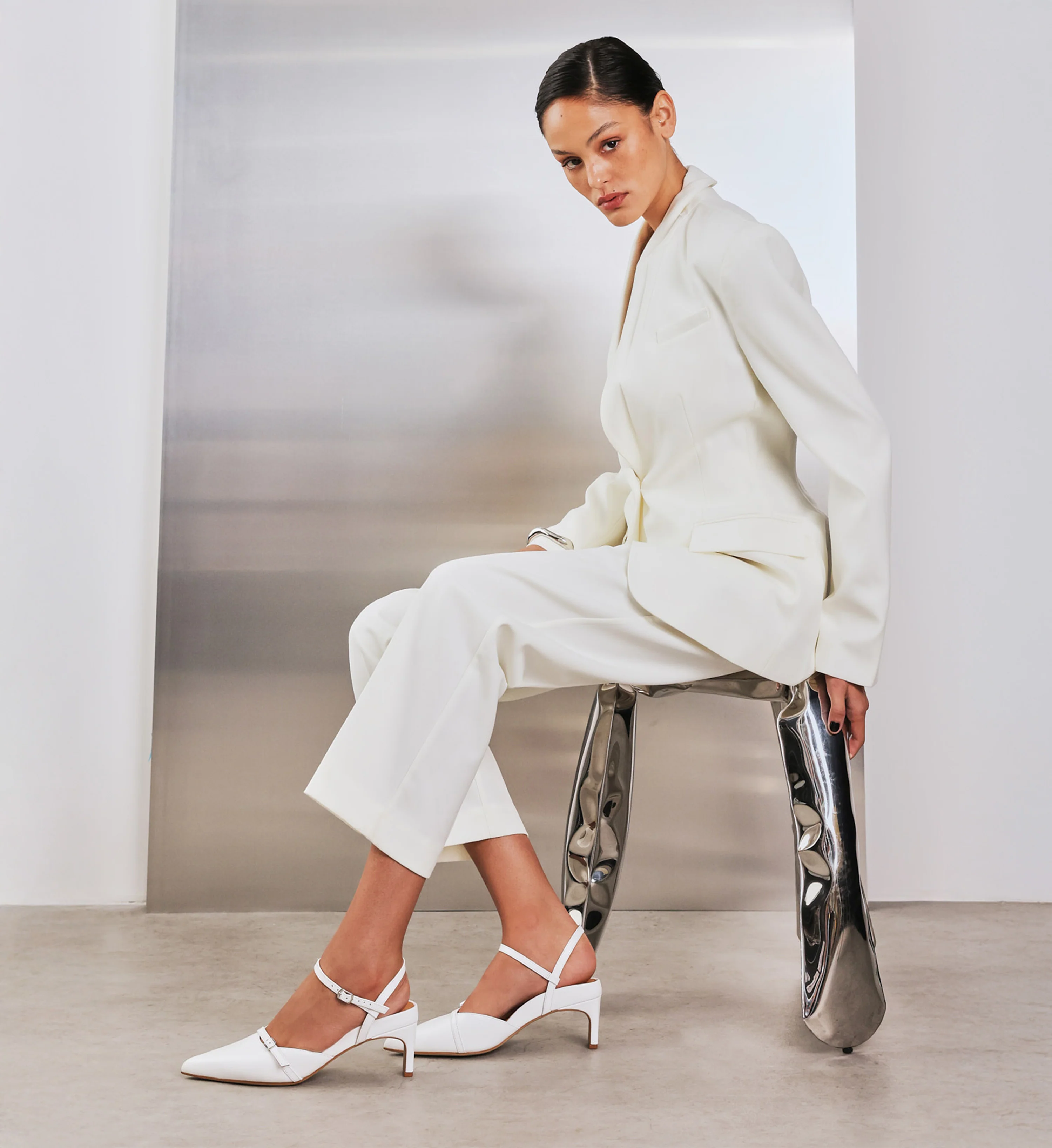 Sylph White Leather Low Heels